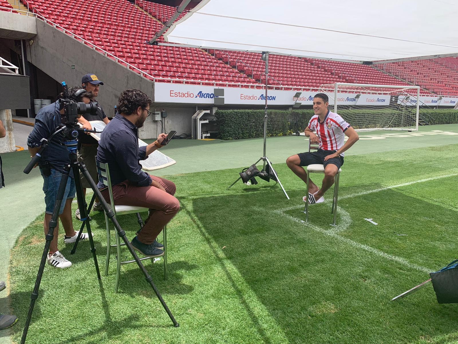 Soccer player interview at Estadio Akron